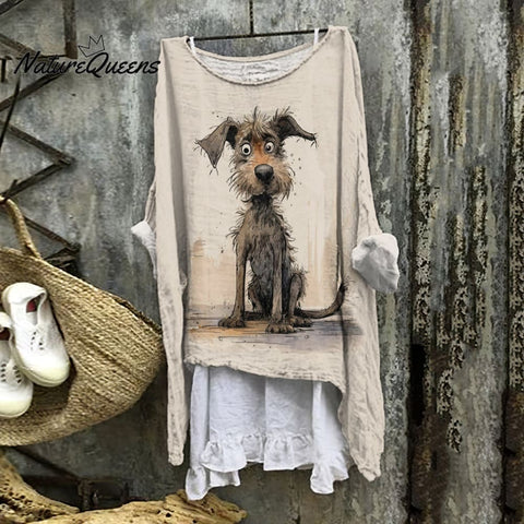 Cute Lovely Dog Pattern Linen Blend Flowy Tunic