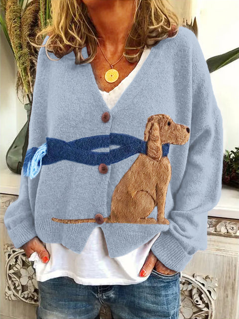 Scarf Golden Retriever Knit V-Neck Sweater Cardigan