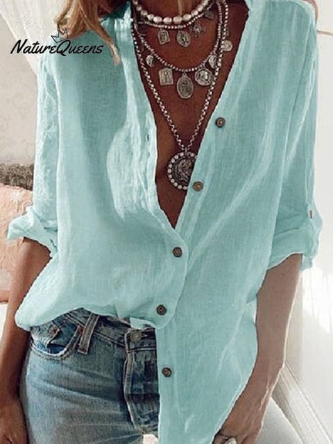 Ladies Cotton Linen Solid Color Pull-Sleeve Loose V-Neck Long-Sleeve Shirt