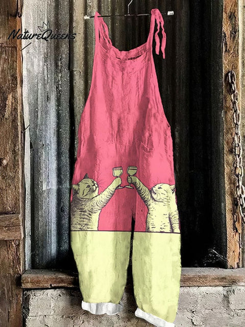 Cheers Cat Art Print Casual Jumpsuit