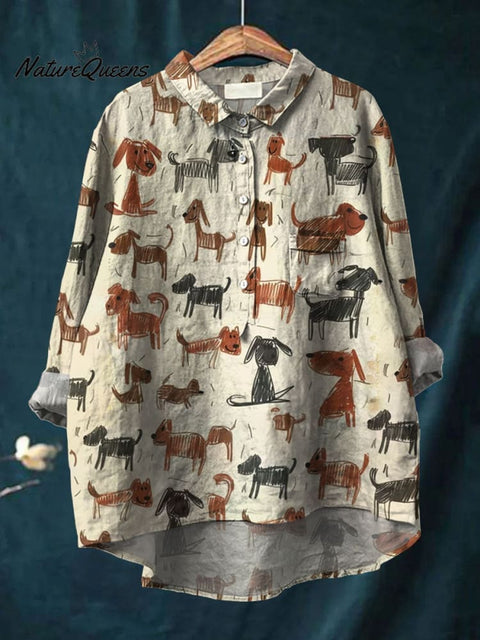 Women's Kid Drawing Art Dog Art Print Casual Cotton And Linen Shirt
