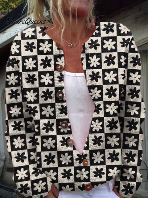 Black and White Plaid Florets Print Buttoned Cardigan Sweater