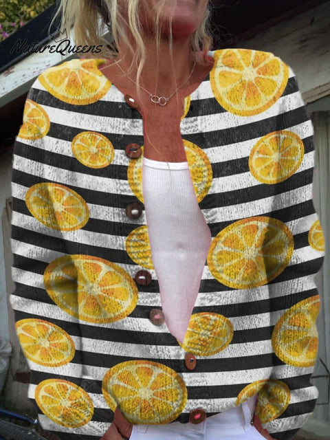 Black and White Stripes and Lemon Slices Decorative Pattern Buttoned Cardigan Sweater