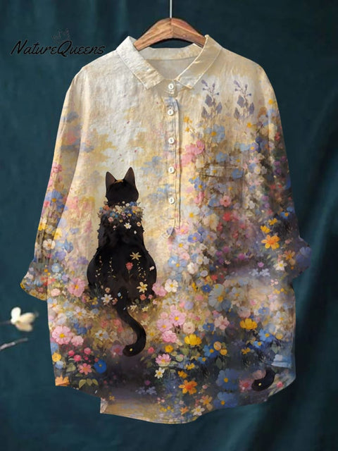 Women's Cat Art Print Casual Cotton and Linen Tops