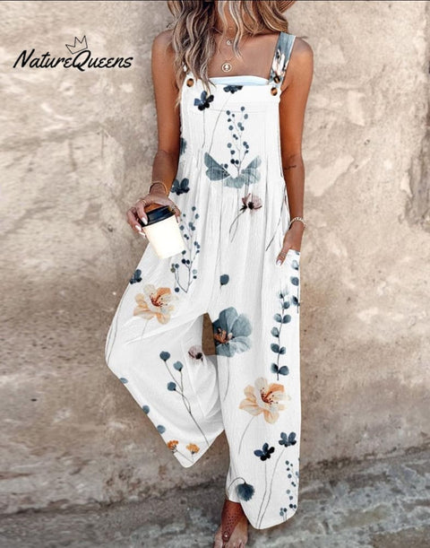 Breezy Plant Print Sleeveless Jumpsuit
