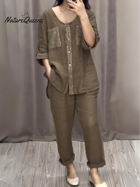 Cotton and Linen Sequined Round Neck Mid-sleeve Two-piece Suit