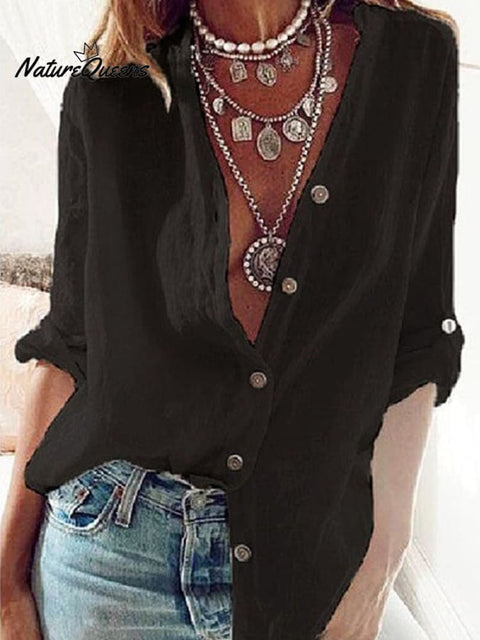 Ladies Cotton Linen Solid Color Pull-Sleeve Loose V-Neck Long-Sleeve Shirt