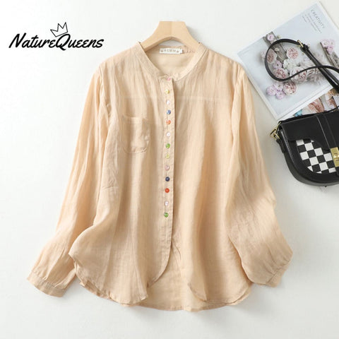 Art retro cotton linen color button irregular shirt