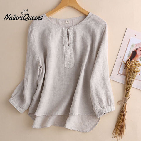 3/4 sleeve cotton and linen round neck shirt