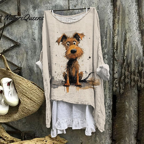 Lovely Cute Dog Pattern Linen Blend Flowy Tunic