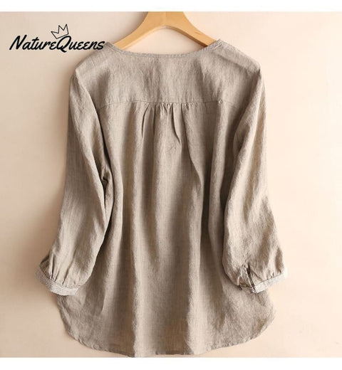 3/4 sleeve cotton and linen round neck shirt