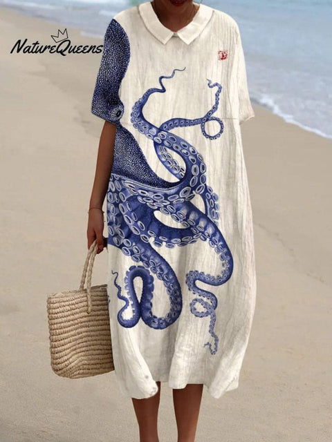 Women's Japanese Octopus Art Pocket Linen Dress(Convertible Dress With Front And Back Option)