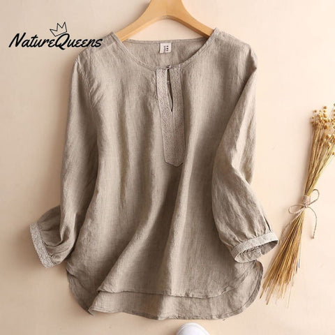 3/4 sleeve cotton and linen round neck shirt