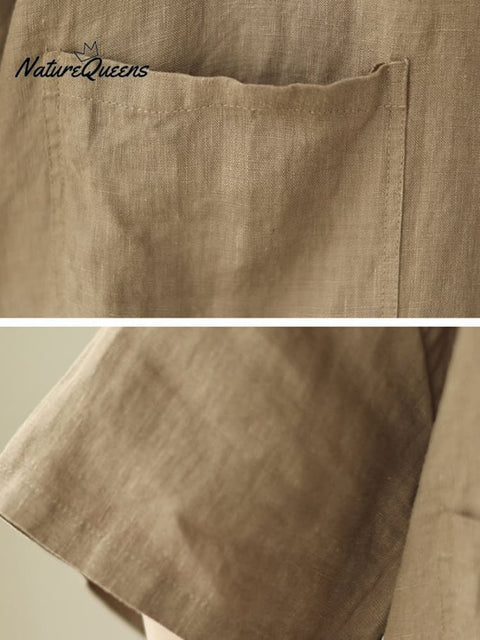 Women's Retro Lapel Solid Color Casual Cotton And Linen Shirt