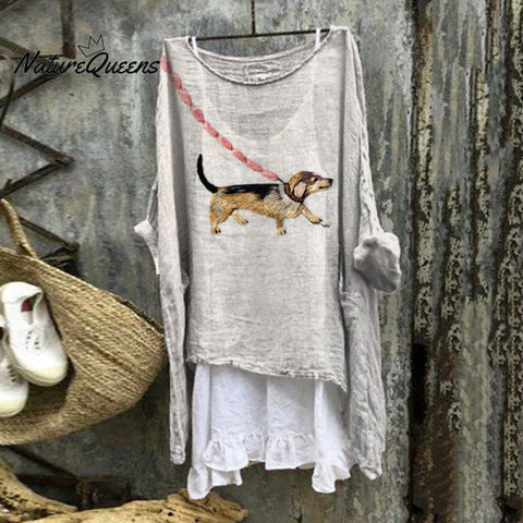 Cute Dog Art Pattern Linen Blend Flowy Tunic