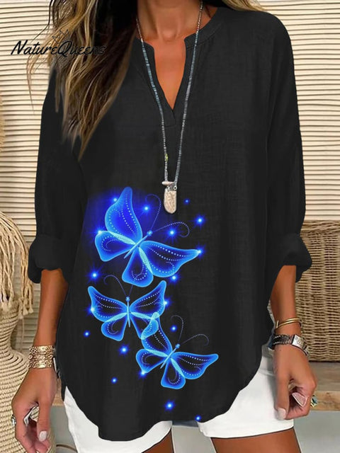 Butterfly Art Print Cotton And Linen Top