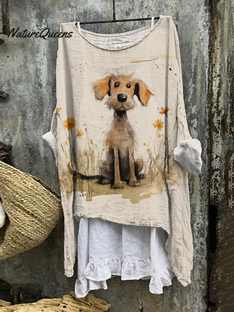 Cute Funny Dog  Pattern Linen Blend Flowy Tunic