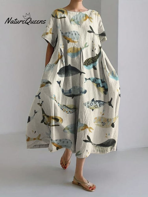 The Small Fish Print Medium Long Loose And Loose Dress