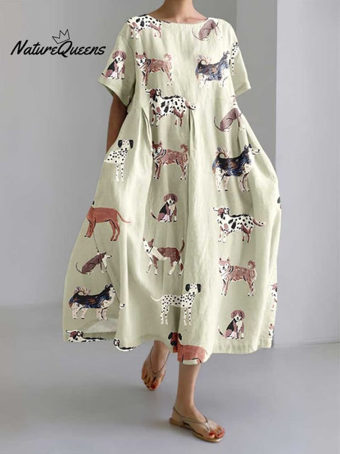 Women'S Retro Cozy Puppy Print Short Sleeve Linen Blend Midi Dress