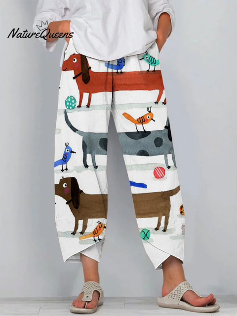 Casual Cute and Fun Cartoon Dachshund Cropped Pants