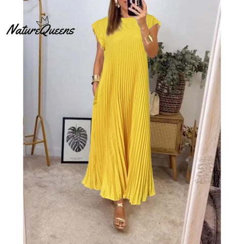 Women Pleated Simple Solid Color Dress