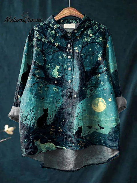Women's Cat Art Print Casual Cotton And Linen Shirt