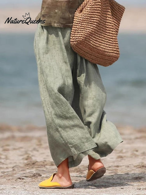 Cotton Loose Vacation Relaxed Elastic Waist Wide Leg Crop Pants