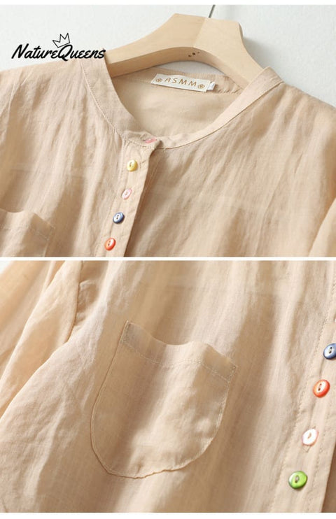 Art retro cotton linen color button irregular shirt
