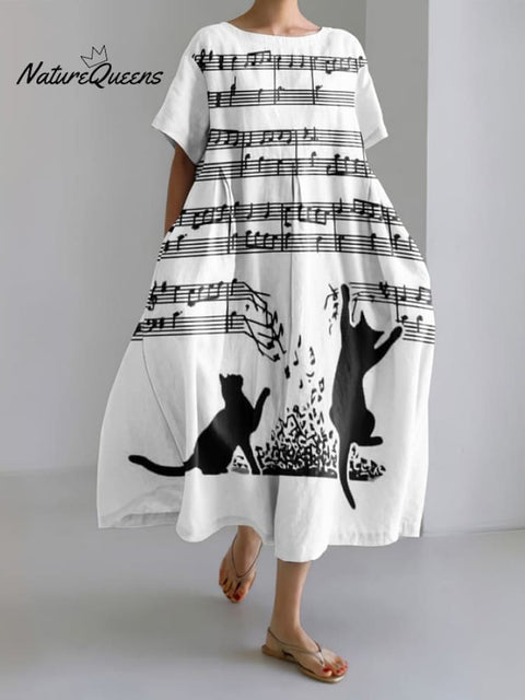 Women's Abstract Cat Playing On Sheet Music Print Short Sleeve Midi Dress