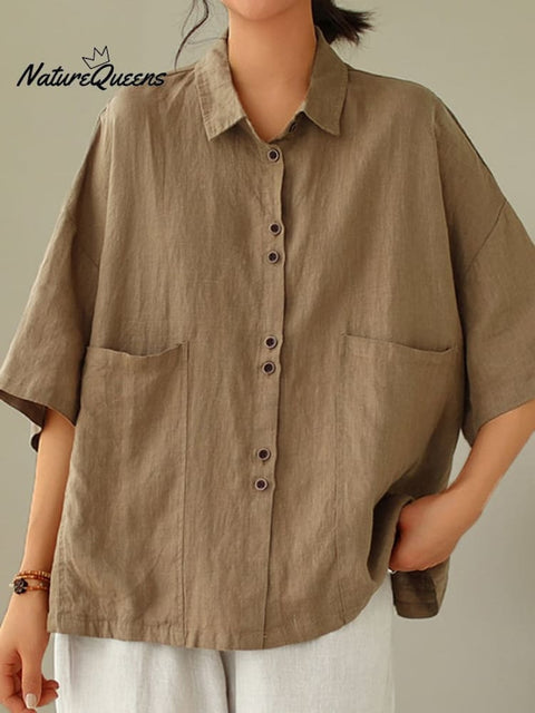 Women's Retro Lapel Solid Color Casual Cotton And Linen Shirt