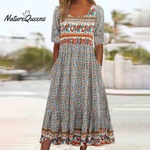 Bohemian Floral Printed Round Neck Half Sleeve A-line Pockets Dress
