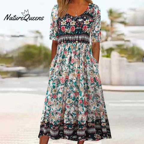 Bohemian Floral Printed Round Neck Half Sleeve A-line Pockets Dress