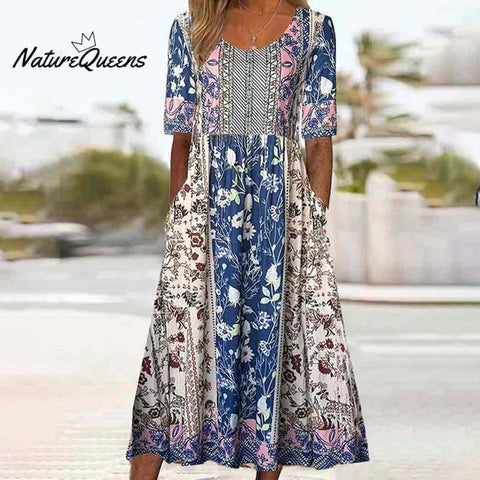 Bohemian Floral Printed Round Neck Half Sleeve A-line Pockets Dress