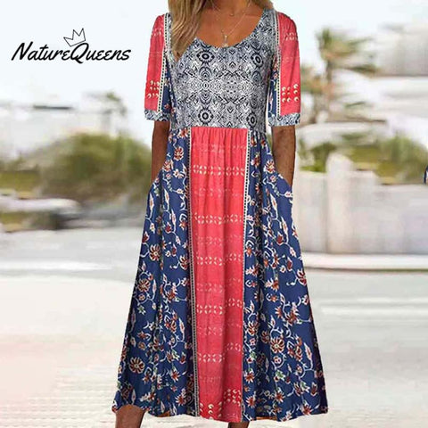 Bohemian Floral Printed Round Neck Half Sleeve A-line Pockets Dress