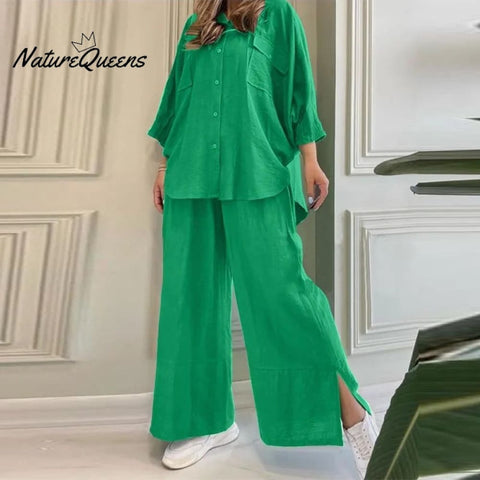 Loose solid color cotton and linen shirt long sleeve pants suit two piece set