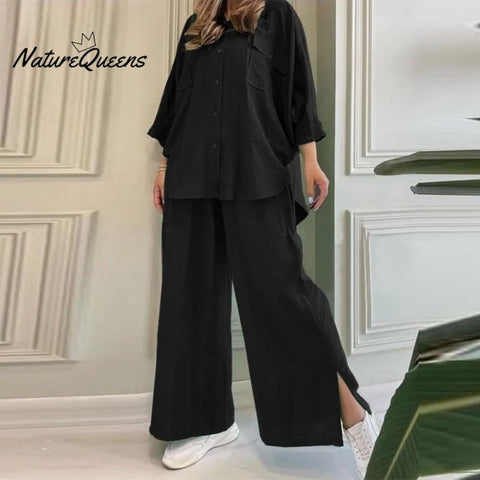 Loose solid color cotton and linen shirt long sleeve pants suit two piece set