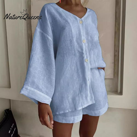 Fashionable cotton and linen shirts, shorts and casual suits