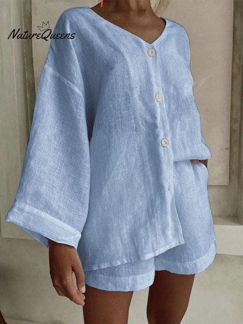 Fashionable cotton and linen shirts, shorts and casual suits