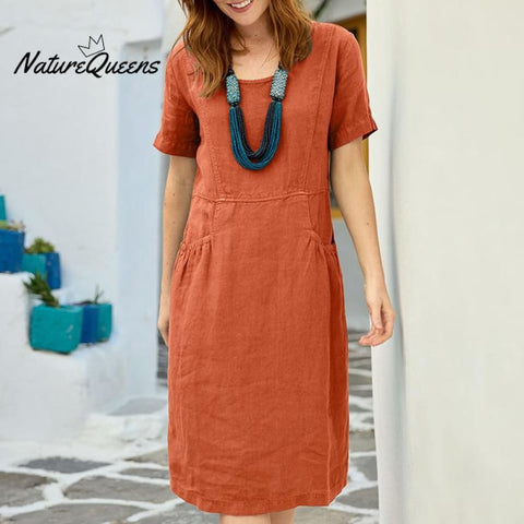 Solid Color Cotton and Linen Loose Casual Pocket Dress