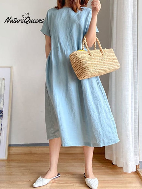 Women's Simple Literary Loose Solid Color Shift Dress