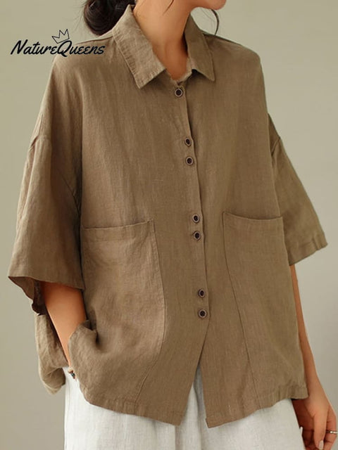 Women's Retro Lapel Solid Color Casual Cotton And Linen Shirt