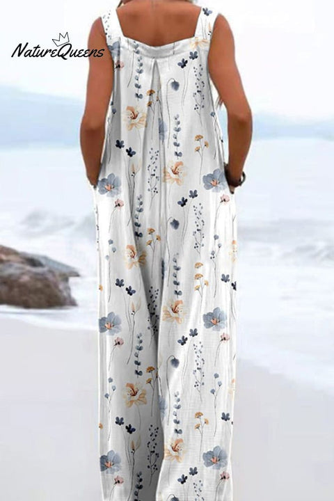 Breezy Plant Print Sleeveless Jumpsuit