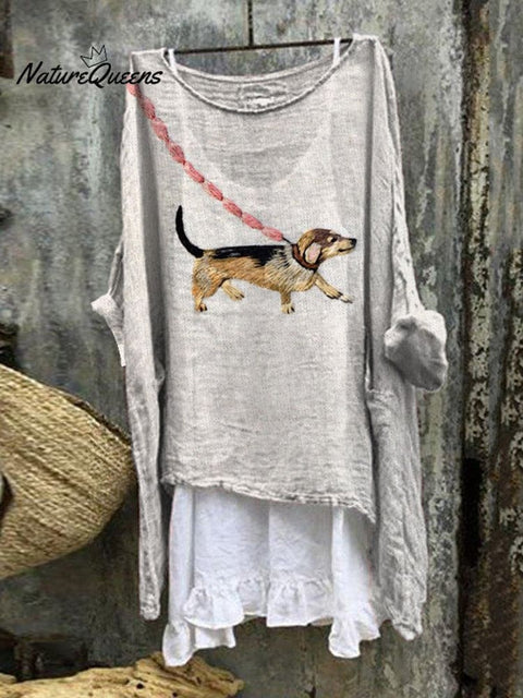 Cute Dog Art Pattern Linen Blend Flowy Tunic