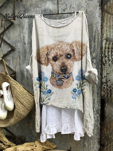 Floral & Dog Embroidery Linen Flowy Tunic