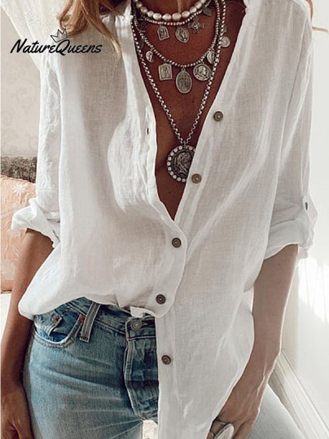 Ladies Cotton Linen Solid Color Pull-Sleeve Loose V-Neck Long-Sleeve Shirt