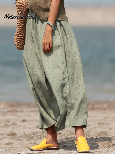 Cotton Loose Vacation Relaxed Elastic Waist Wide Leg Crop Pants
