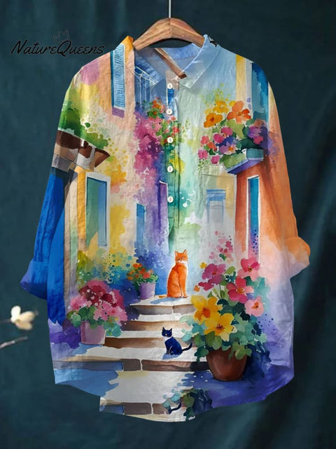 Women's Cat Art Print Casual Cotton and Linen Tops