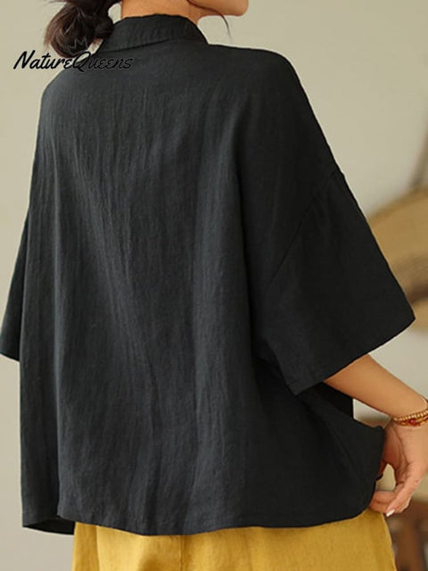 Women's Retro Lapel Solid Color Casual Cotton And Linen Shirt