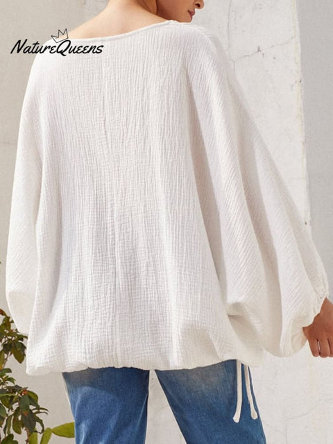 Solid Color V-Neck Loose Casual Cotton Shirt