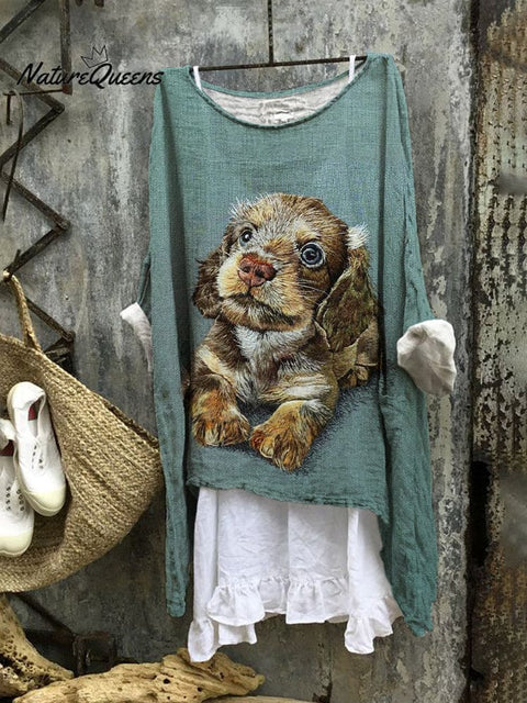 Cute Dog Embroidery Linen Flowy Tunic